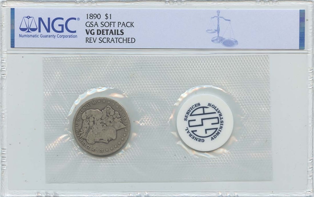 NGC Certified 1890 Morgan Silver Dollar in GSA Soft Pack: NGC Certified 1890 Morgan Silver Dollar in GSA Soft Pack This 1890 Morgan Dollar is presented in a GSA soft pack and certified by NGC with VG Details. Struck at the Philadelphia Mint, this pre-owned c