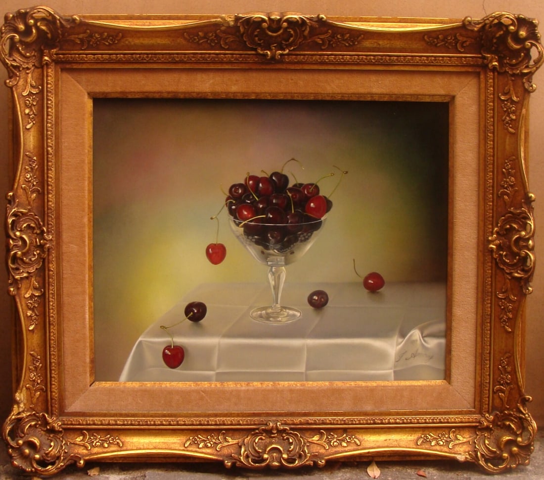 Framed Still Life Oil Painting of Cherries by Teimur Amiry: Framed Still Life Oil Painting of Cherries by Teimur Amiry This exquisite still life painting features a vibrant depiction of cherries, masterfully crafted by renowned California artist Teimur Amiry. 