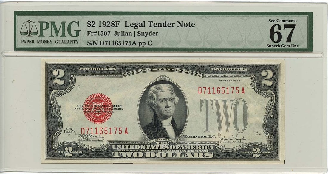 1928F $2 Legal Tender Note Fr# 1507 PMG Superb Gem 67 EPQ: 1928F $2 Legal Tender Note Fr# 1507 PMG Superb Gem 67 EPQ This 1928F $2 Legal Tender Note, designated as Fr# 1507, is a remarkable piece for collectors. Graded by PMG as a Superb Gem 67 EPQ, this unci