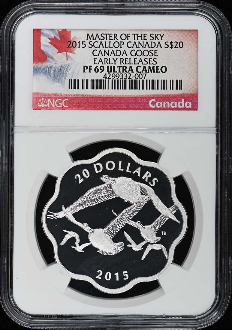 2015 Canada Scallop $20 Silver Coin NGC PR69 Early Releases: 2015 Canada Scallop $20 Silver Coin NGC PR69 Early Releases This is a 2015 Canada Goose coin from the Scallop series, featuring an early release designation. The coin has been certified by NGC with a 