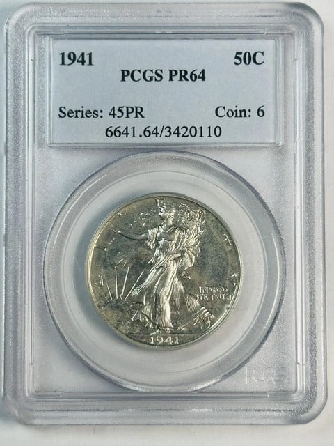 PCGS PR-64 1941 Walking Liberty Half Dollar Proof Silver: PCGS PR-64 1941 Walking Liberty Half Dollar Proof Silver This 1941 Walking Liberty Half Dollar is a proof coin graded PR-64 by PCGS. Struck in silver at the Philadelphia Mint, it is uncirculated and f