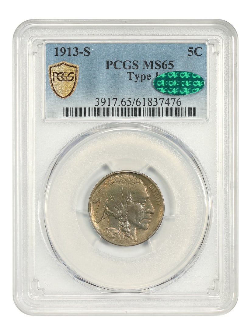 Buffalo Nickel 1913 S Type 1 5C PCGS CAC MS65: Buffalo Nickel 1913 S Type 1 5C PCGS CAC MS65 1913-S Buffalo Nickel, a desirable Type I San Francisco-mint issue. The coin is uncirculated and certified by PCGS, with CAC noted in the title. Condition