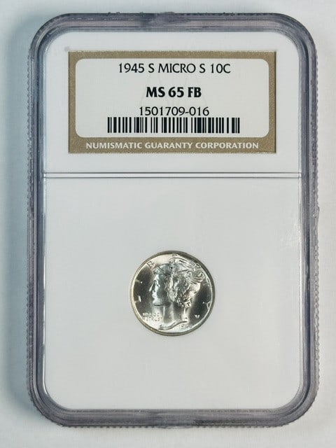 1945 San Francisco Mercury Dime NGC MS-65 FB Micro S: 1945 San Francisco Mercury Dime NGC MS-65 FB Micro S This 1945 Mercury Dime is graded MS-65 FB by NGC and features the "Micro S" variety. Struck in San Francisco, it is composed of silver and displays
