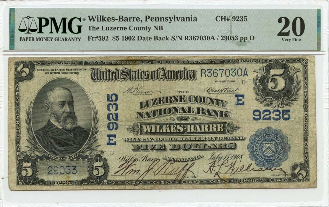 1902 $5 Luzerne County National Bank PMG VF20 Currency Note: 1902 $5 Luzerne County National Bank PMG VF20 Currency Note This 1902 $5 note from Luzerne County National Bank in Wilkes Barre, PA, is a remarkable piece of history. Graded VF20 by PMG, it showcases 