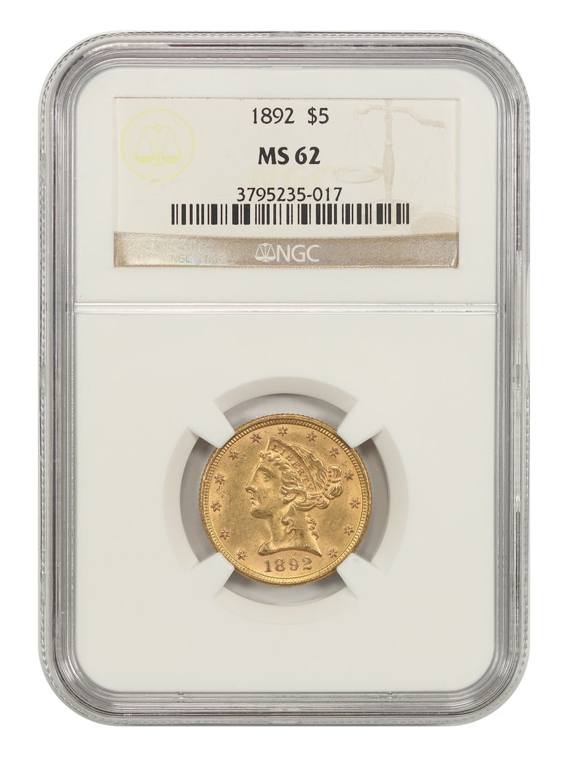 1892 NGC MS62 Liberty Head $5 Gold Coin: 1892 NGC MS62 Liberty Head $5 Gold Coin 1892 Liberty Head $5 gold coin certified by NGC and graded MS62. Struck at the Philadelphia Mint, this pre-owned example is identified as a Liberty Head $5 piec