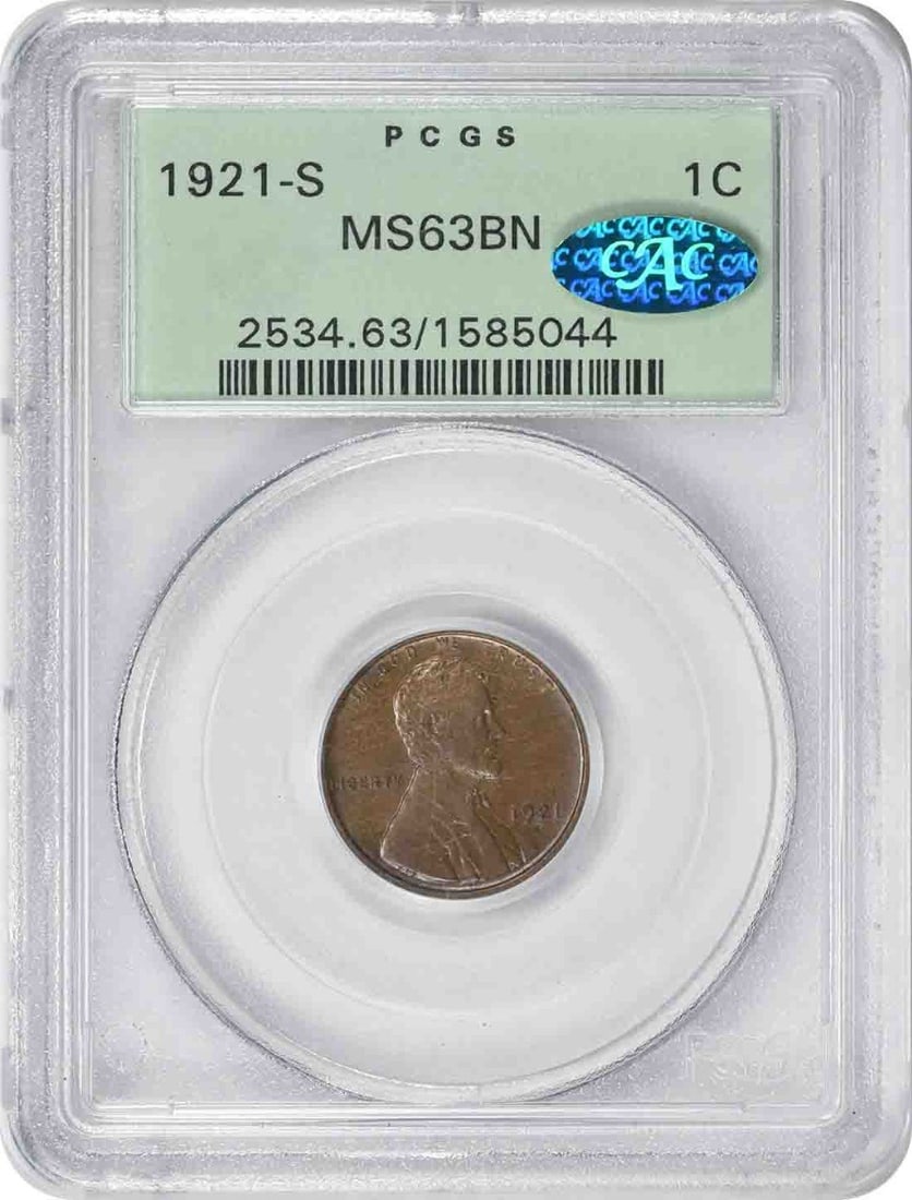 PCGS MS63BN 1921 S Lincoln Wheat Small Cent OGH CAC: PCGS MS63BN 1921 S Lincoln Wheat Small Cent OGH CAC This 1921-S Lincoln Wheat cent is graded MS63BN by PCGS and housed in a protective holder. It is an uncirculated United States small cent with a cop