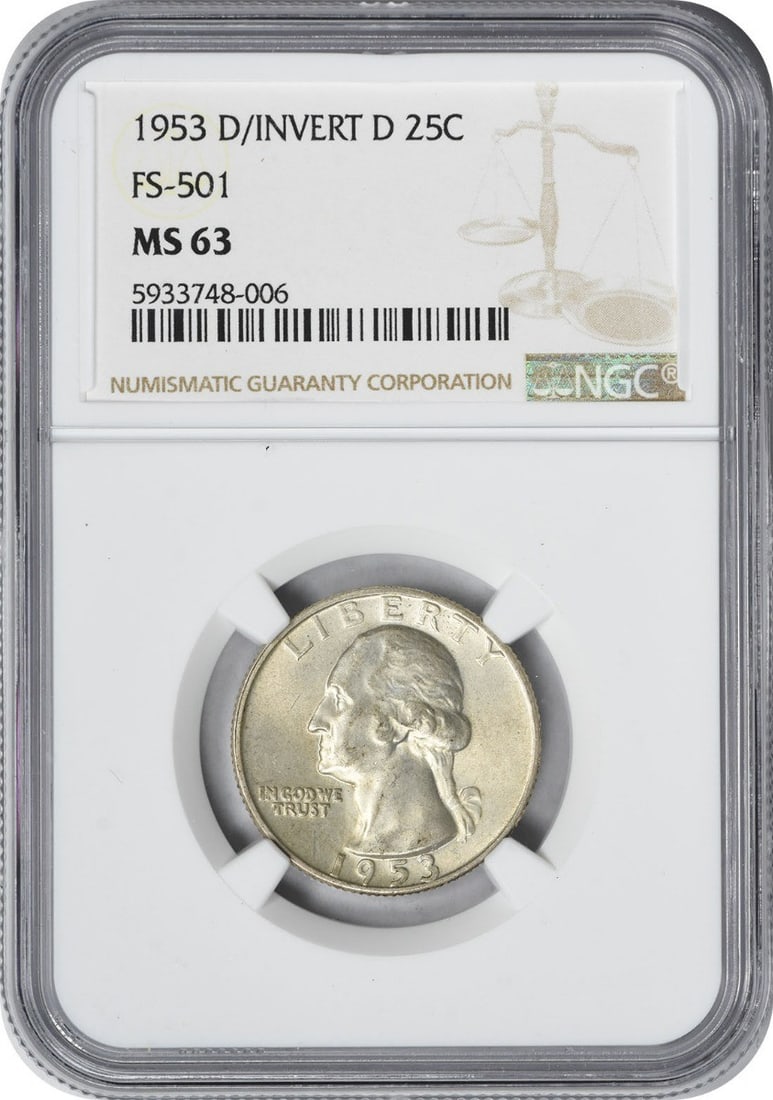 NGC MS63 1953 Denver Washington Quarter Inverted D FS-501: NGC MS63 1953 Denver Washington Quarter Inverted D FS-501 This is a 1953-D Washington Quarter featuring the rare Inverted D variety (FS-501). Graded MS63 by NGC, this uncirculated coin is composed of 