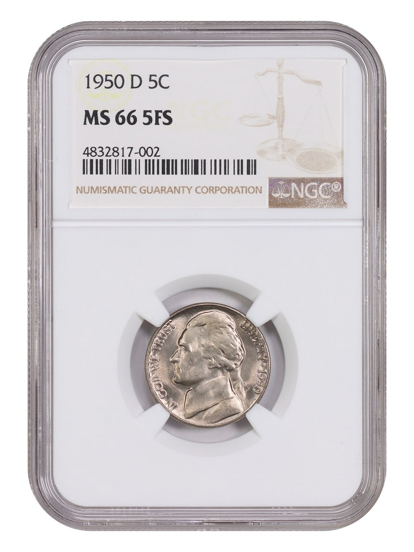 Jefferson Nickel 1950-D 5C NGC MS66 5FS: Jefferson Nickel 1950-D 5C NGC MS66 5FS 1950-D Jefferson Nickel graded MS66 by NGC with a 5FS designation. The coin is uncirculated and pre-owned, with certification number 4832817002. Specifications 
