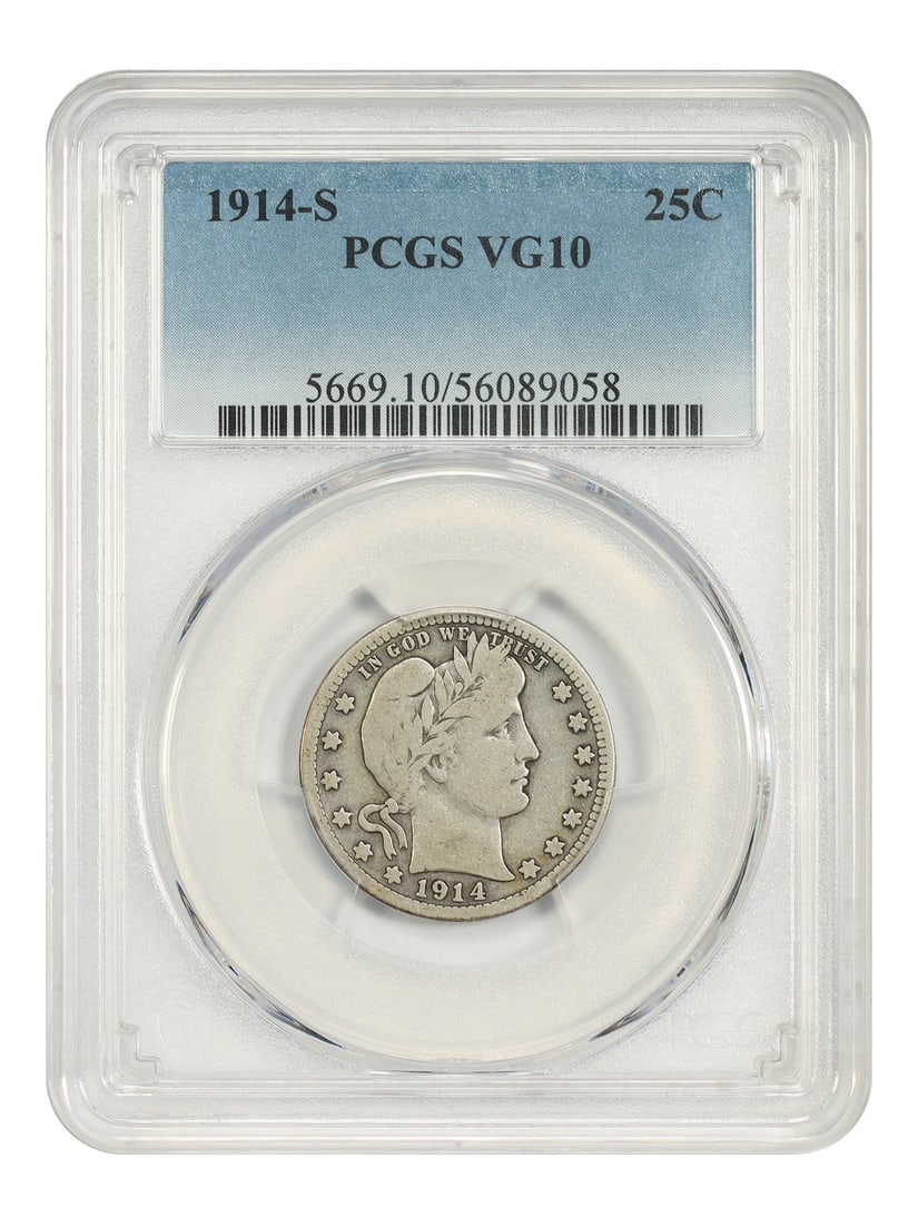 PCGS VG10 1914 S Barber Quarter 25C San Francisco: PCGS VG10 1914 S Barber Quarter 25C San Francisco A 1914-S Barber Quarter in circulated condition, certified by PCGS and graded VG10. The coin is identified as an extremely scarce and popular date. Co