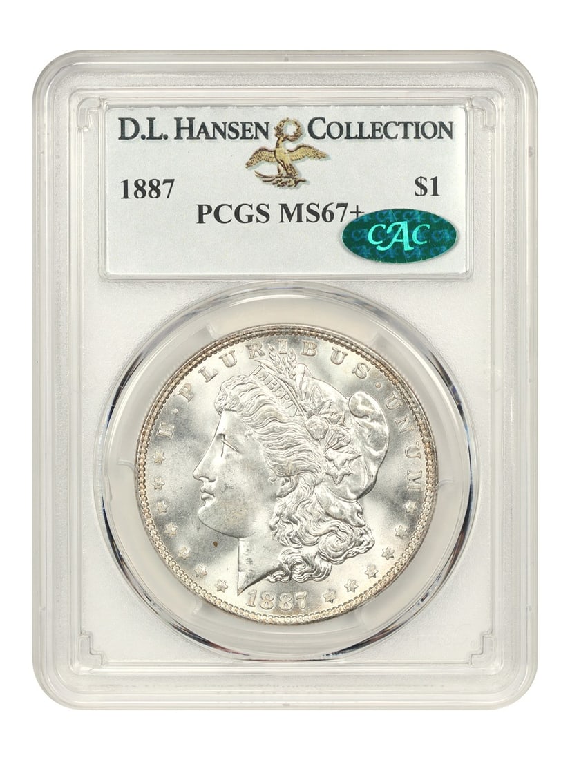 1887 Morgan Dollar $1 PCGS MS67+ CAC Approved D.L. Hansen: 1887 Morgan Dollar $1 PCGS MS67+ CAC Approved D.L. Hansen This 1887 $1 Morgan Dollar is a stunning example of American numismatic artistry, certified by PCGS with a grade of MS67+, indicating exceptio
