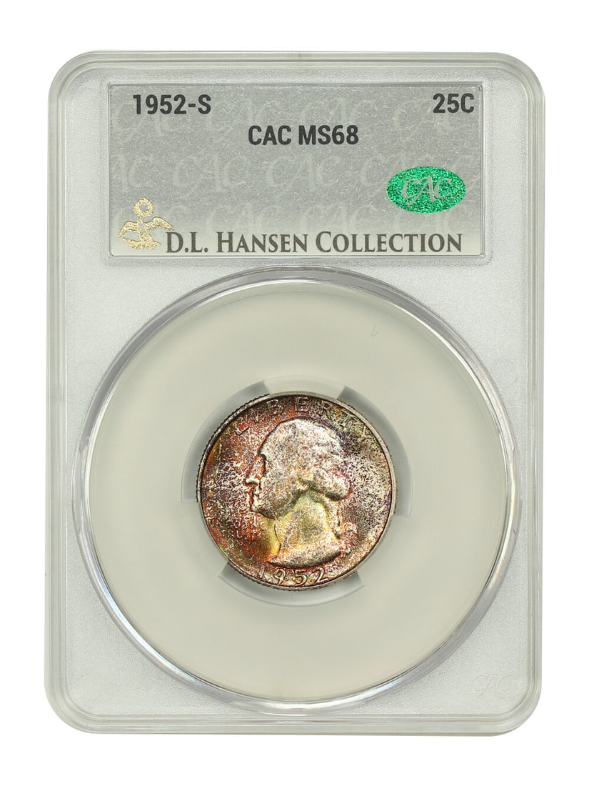 CACG MS68 1952-S Washington Quarter 25C San Francisco Mint: CACG MS68 1952-S Washington Quarter 25C San Francisco Mint 1952-S Washington Quarter graded MS68 by CACG. The coin is uncirculated and certified with certification number 365125495. It is tied for fin