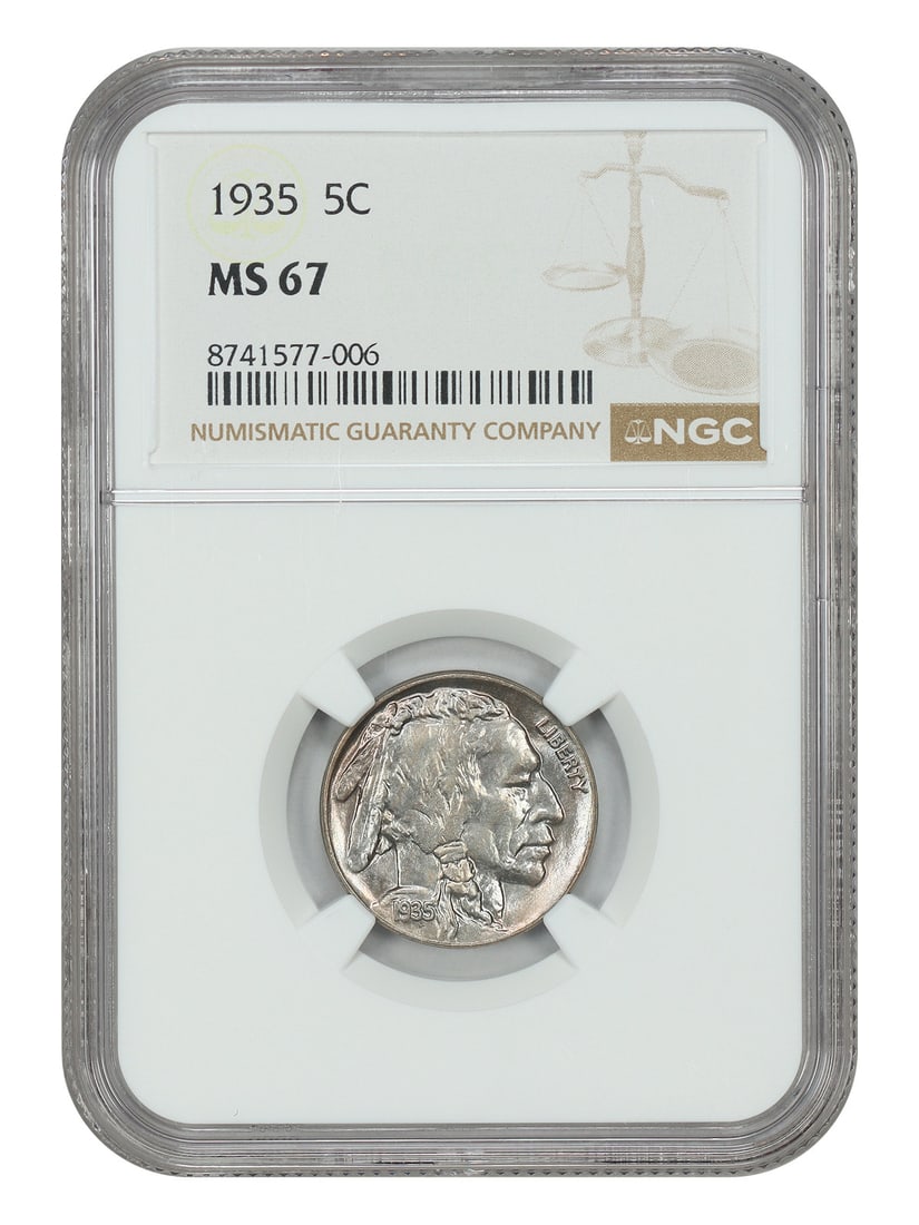 NGC MS67 1935 Buffalo Nickel 5C Philadelphia: NGC MS67 1935 Buffalo Nickel 5C Philadelphia 1935 Buffalo Nickel graded MS67 by NGC. This uncirculated 5C coin is from the Philadelphia mint and is identified as part of the Buffalo Nickel series. Con