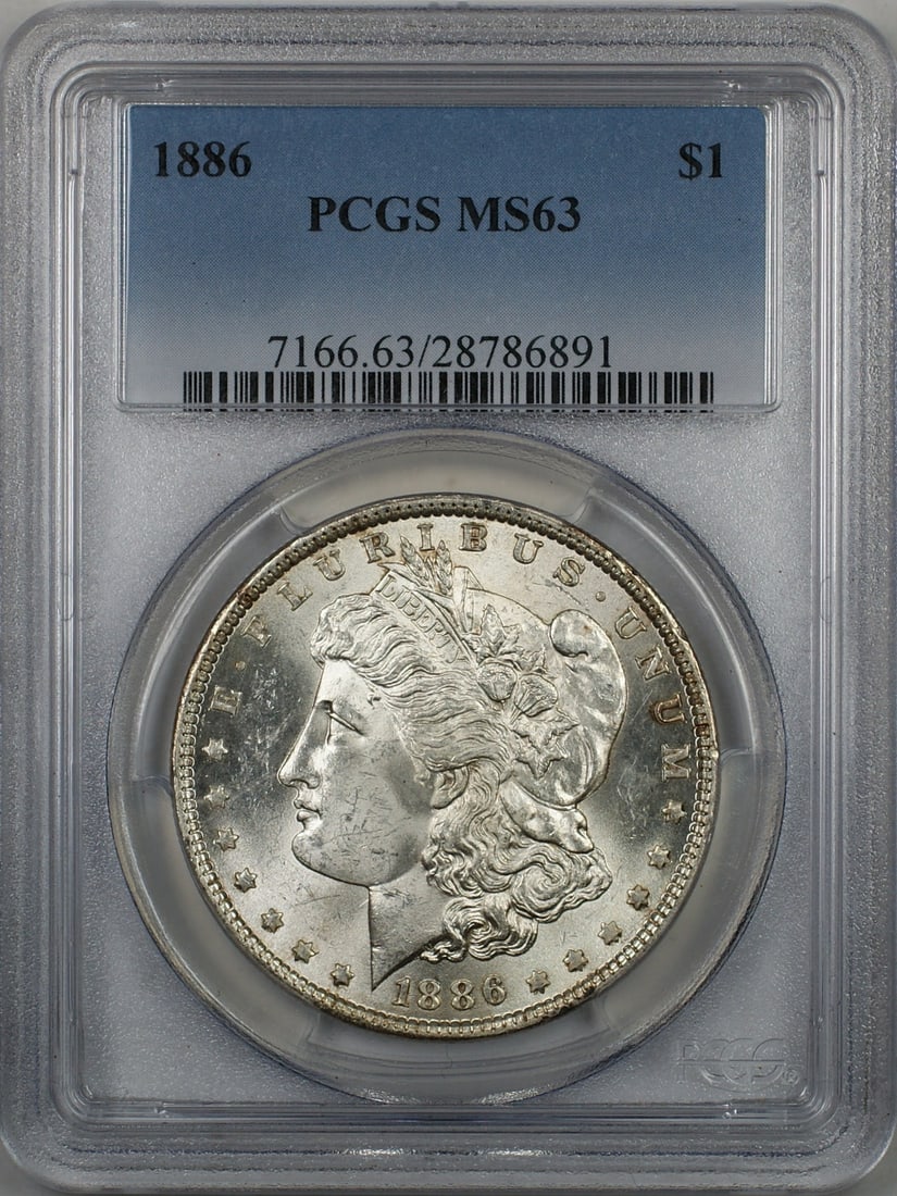 PCGS MS63 1886 Philadelphia Morgan Silver Dollar Uncirculated $1 Coin: PCGS MS63 1886 Philadelphia Morgan Silver Dollar Uncirculated $1 Coin This 1886 Morgan Silver Dollar features a certification by PCGS with a grade of MS 63, indicating its uncirculated condition. Stru
