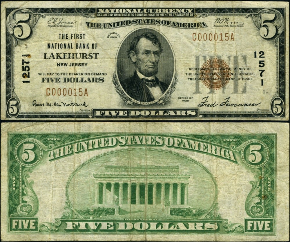 1929 T-1 $5 National Bank Note Lakehurst NJ Charter #12571: 1929 T-1 $5 National Bank Note Lakehurst NJ Charter #12571 This $5 National Bank Note from Lakehurst, NJ, is a 1929 T-1 series note in Fine condition. As a circulated piece, it exhibits even circulati