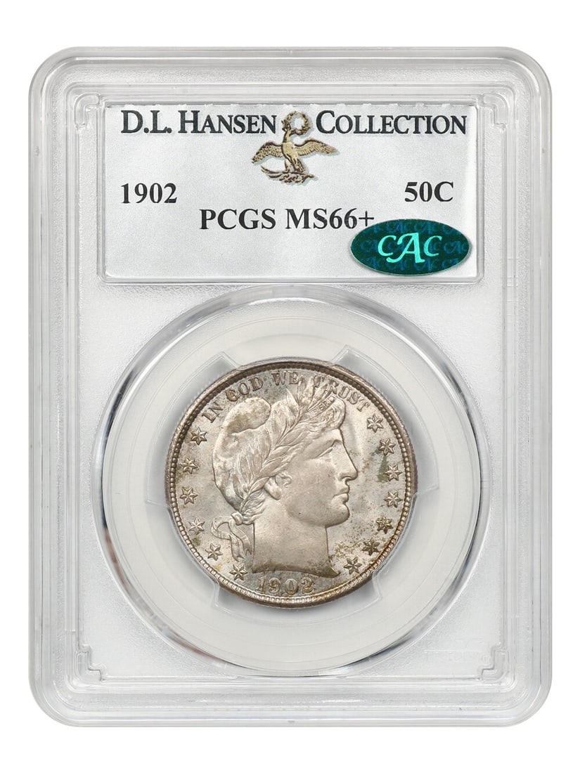 1902 Barber Half Dollar 50C PCGS MS66+ CAC ex D.L. Hansen: 1902 Barber Half Dollar 50C PCGS MS66+ CAC ex D.L. Hansen This 1902 Barber Half Dollar is a PCGS-certified MS66+ example with CAC approval and ex: D.L. Hansen provenance. It is described as an uncircu