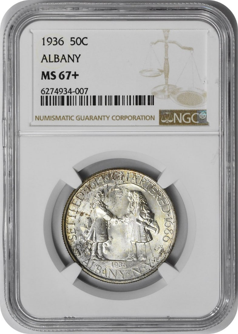 1936 Albany Half Dollar NGC MS67 Plus Certified Silver Commemorative Coin: 1936 Albany Half Dollar NGC MS67 Plus Certified Silver Commemorative Coin This Albany Commemorative Half Dollar from 1936 is an uncirculated coin graded MS67+ by NGC. Minted in Philadelphia, it is com