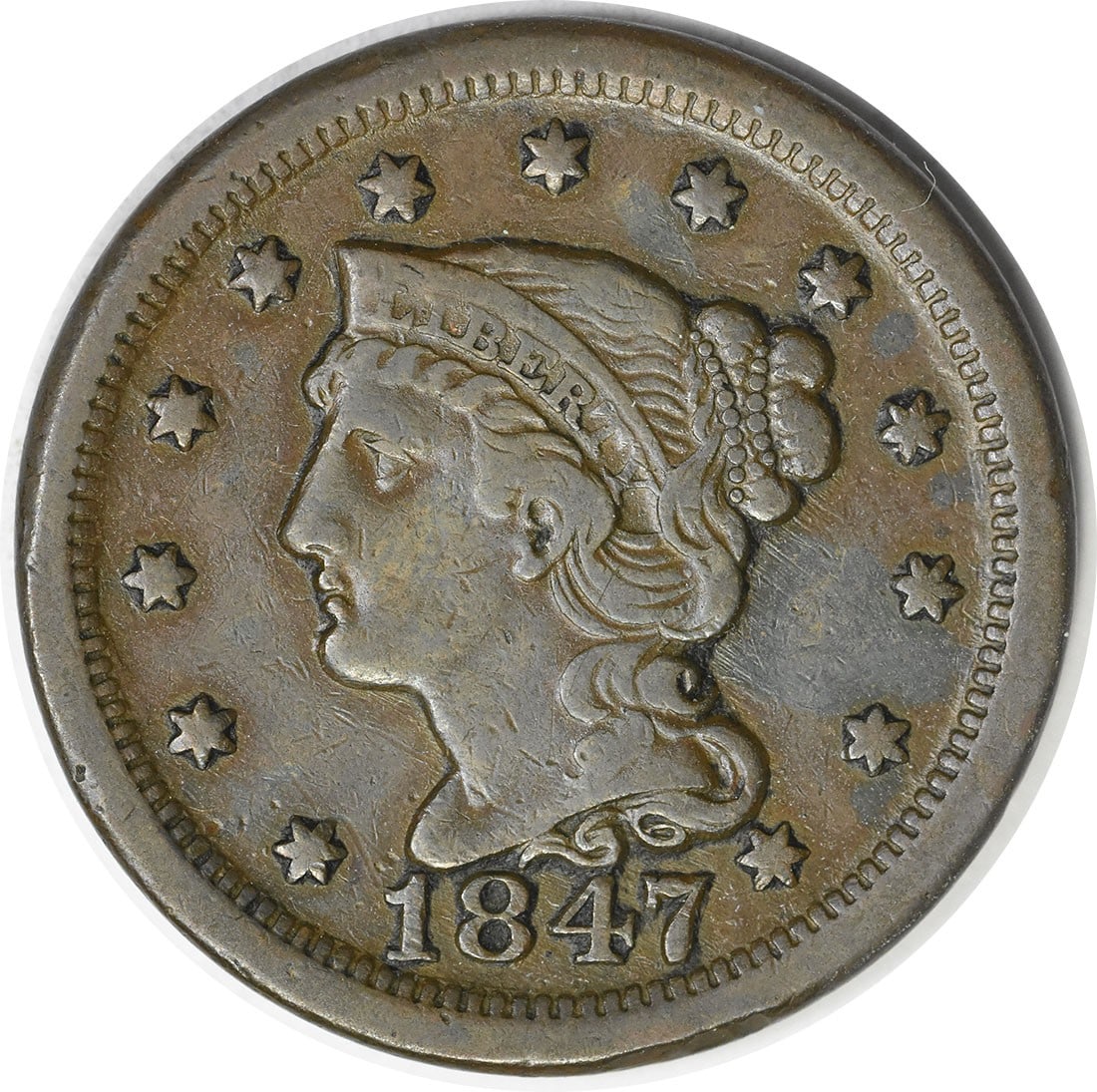 1847 Large Cent Braided Hair XF Copper Coin Christian Gobrecht: 1847 Large Cent Braided Hair XF Copper Coin Christian Gobrecht This 1847 Large Cent features the iconic Braided Hair design, showcasing the artistry of designer Christian Gobrecht. Minted in Philadelp