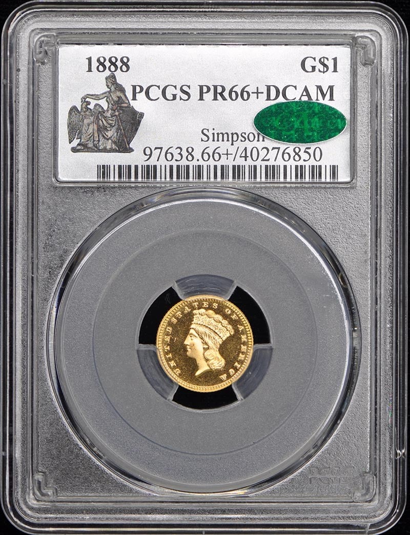 1888 Gold Dollar PR66+DCAM PCGS with CAC Certification: 1888 Gold Dollar PR66+DCAM PCGS with CAC Certification This exquisite 1888 Gold Dollar is a remarkable example of numismatic craftsmanship, certified by PCGS with a grade of PR66+ and designated as DC