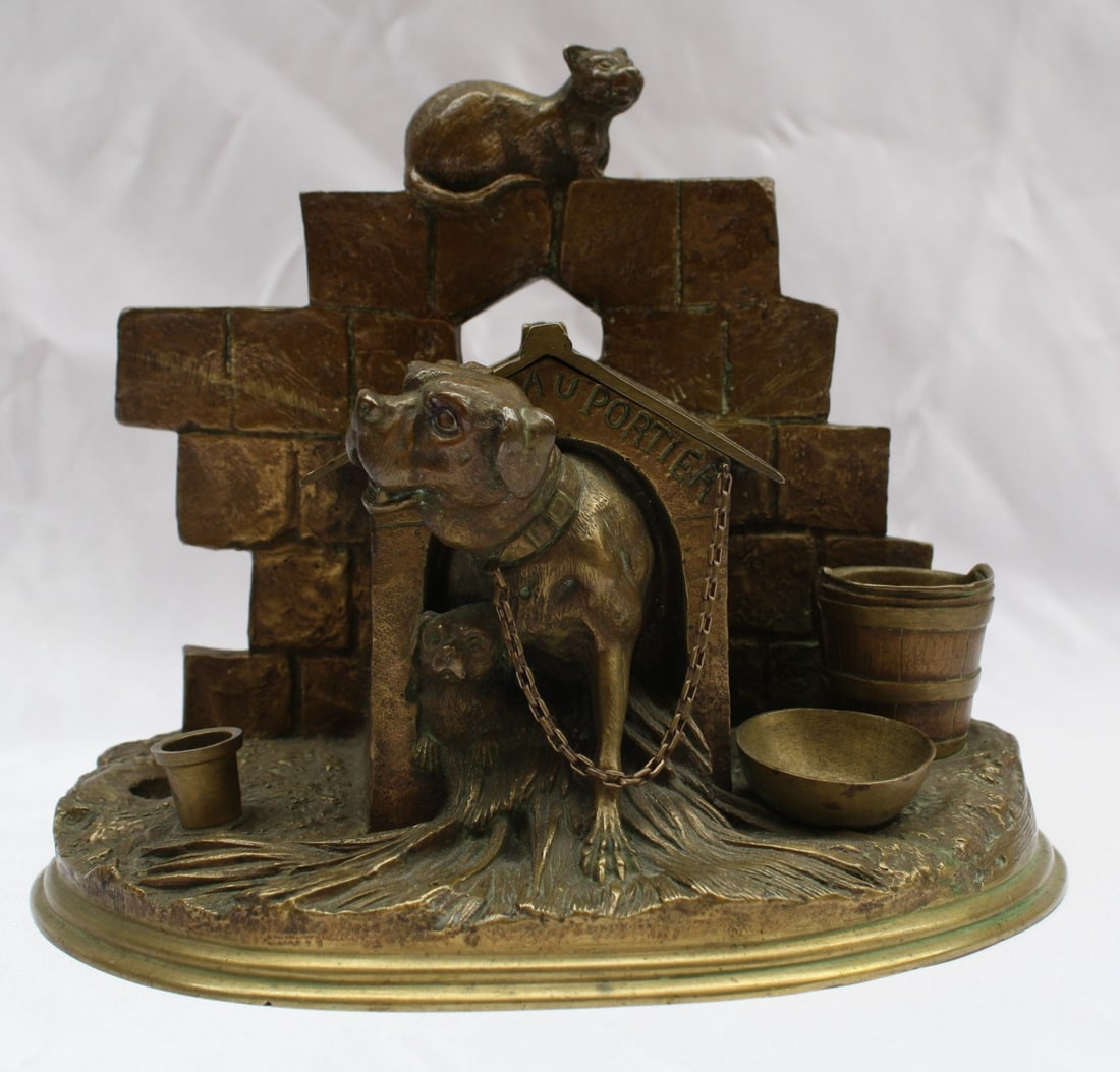 19th Century Jules Moigniez Bronze Dog House Inkwell: 19th Century Jules Moigniez Bronze Dog House Inkwell Discover a stunning 19th-century French bronze inkwell crafted by the renowned artist Jules Moigniez (1835-1894). This exquisite piece features int