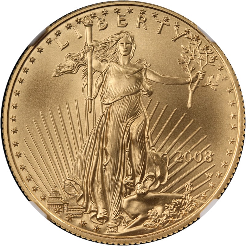 NGC MS70 2008-W $25 Gold American Eagle Burnished Brown Label: NGC MS70 2008-W $25 Gold American Eagle Burnished Brown Label 2008-W Gold American Eagle $25 Burnished coin graded NGC MS70 with Brown Label. It is an uncirculated gold piece with superb eye appeal, f
