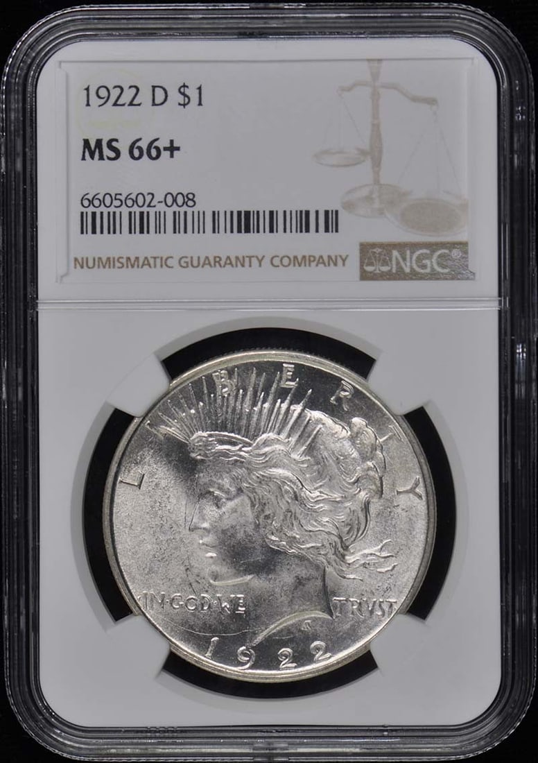 1922-D Peace Dollar NGC MS66+ Uncirculated Denver Mint Coin: 1922-D Peace Dollar NGC MS66+ Uncirculated Denver Mint Coin This 1922-D Peace Dollar is graded as MS66+ by NGC, ensuring its exceptional quality for collectors. Struck at the Denver Mint, this uncircu