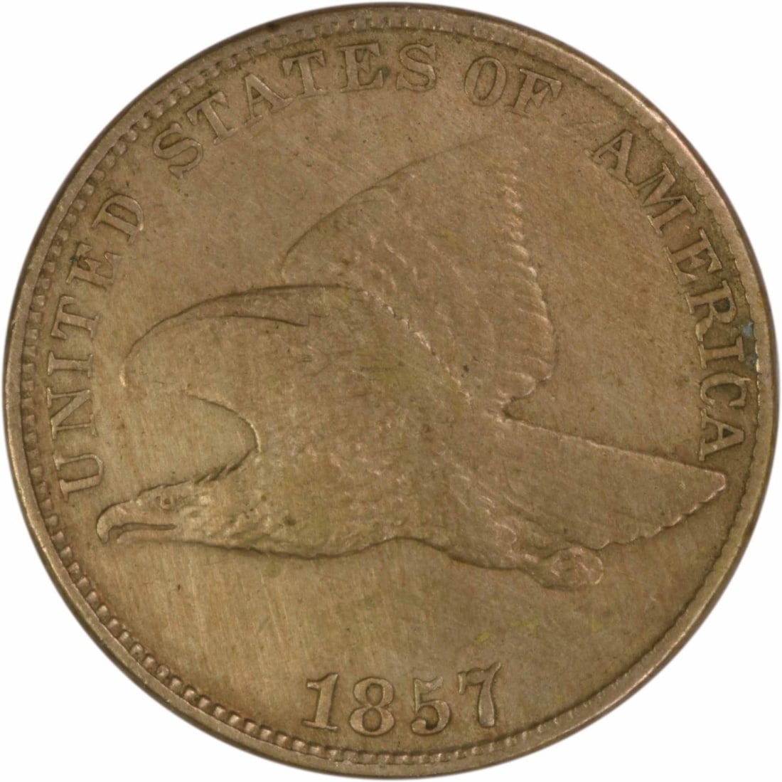 1857 Flying Eagle Small Cent EF Grade Uncertified U S Coin: 1857 Flying Eagle Small Cent EF Grade Uncertified U S Coin This 1857 Flying Eagle Cent is a circulated, uncertified coin from the United States. Minted in Philadelphia, it features a composition of 88