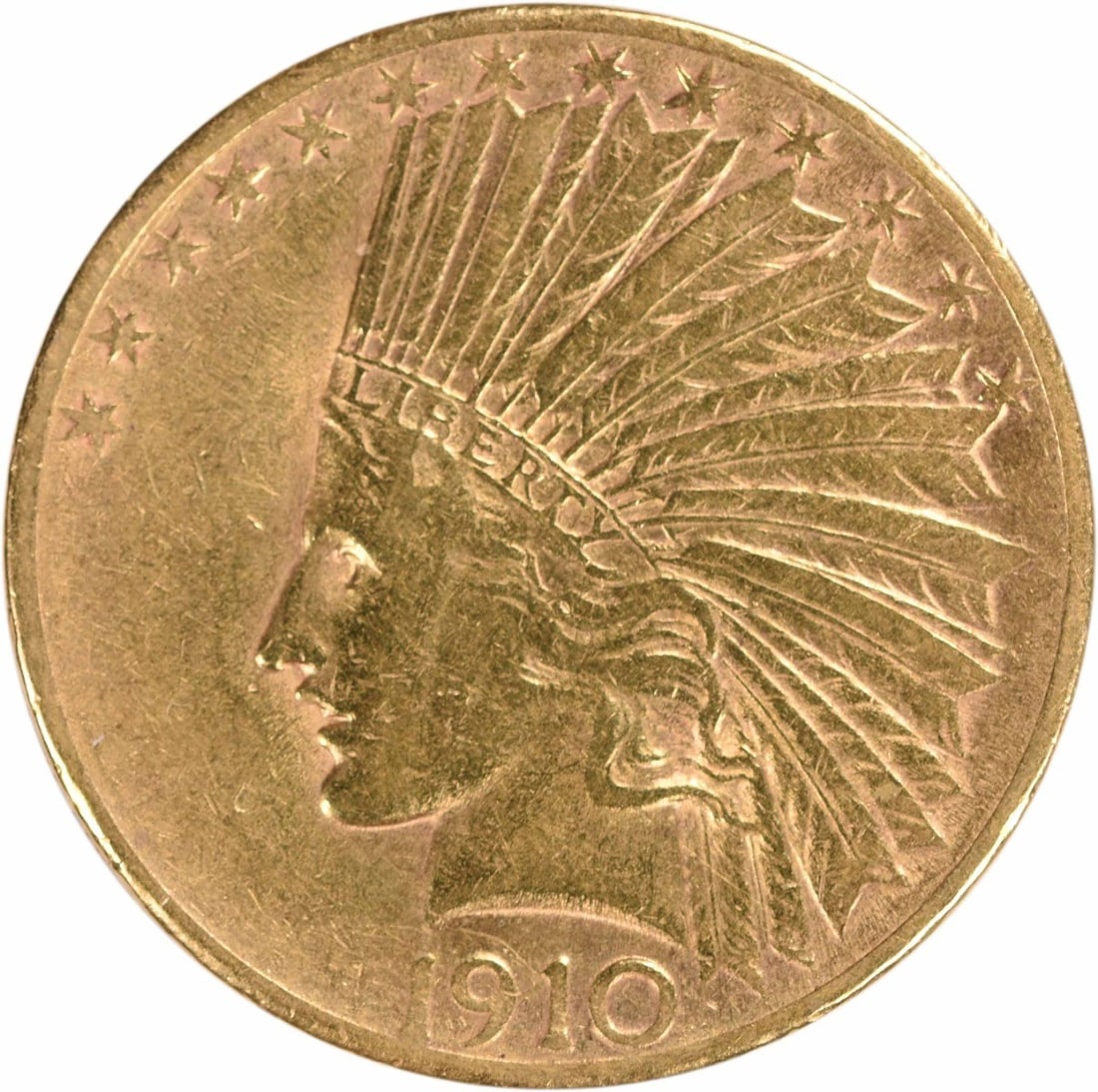1910 San Francisco $10 Indian Gold Coin XF Uncertified: 1910 San Francisco $10 Indian Gold Coin XF Uncertified This is a 1910 $10 Gold Indian coin from the United States, designed by Augustus Saint Gaudens. The coin is composed of 90% gold and 10% copper, 