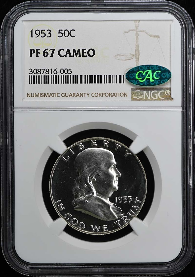 1953 Franklin Half Dollar NGC PR67CAM with CAC Certification: 1953 Franklin Half Dollar NGC PR67CAM with CAC Certification This 1953 Franklin Half Dollar, certified by NGC, boasts a stunning PR67CAM grade, indicating its exceptional proof quality and cameo contr