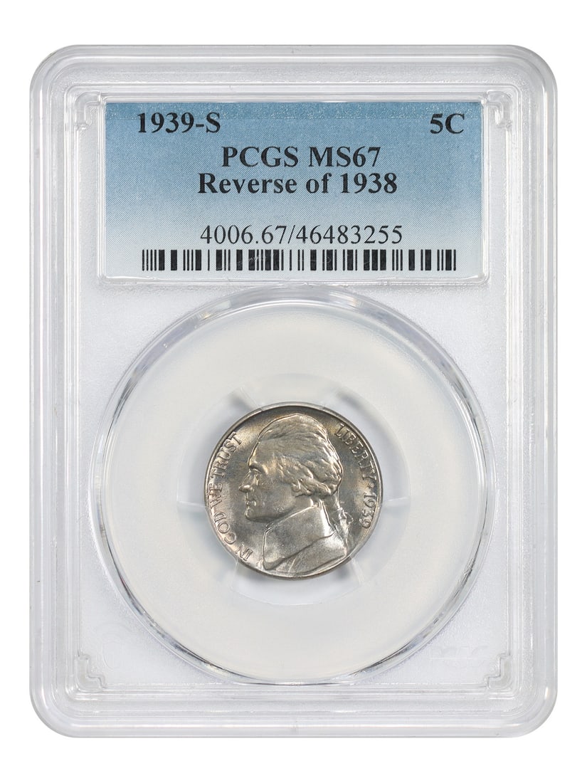 PCGS MS67 1939-S Jefferson 5C Reverse of 1938: PCGS MS67 1939-S Jefferson 5C Reverse of 1938 1939-S Jefferson Nickel graded PCGS MS67 with the Reverse of 1938 design. This uncirculated 5C coin is from the San Francisco mint and is listed in pre-ow