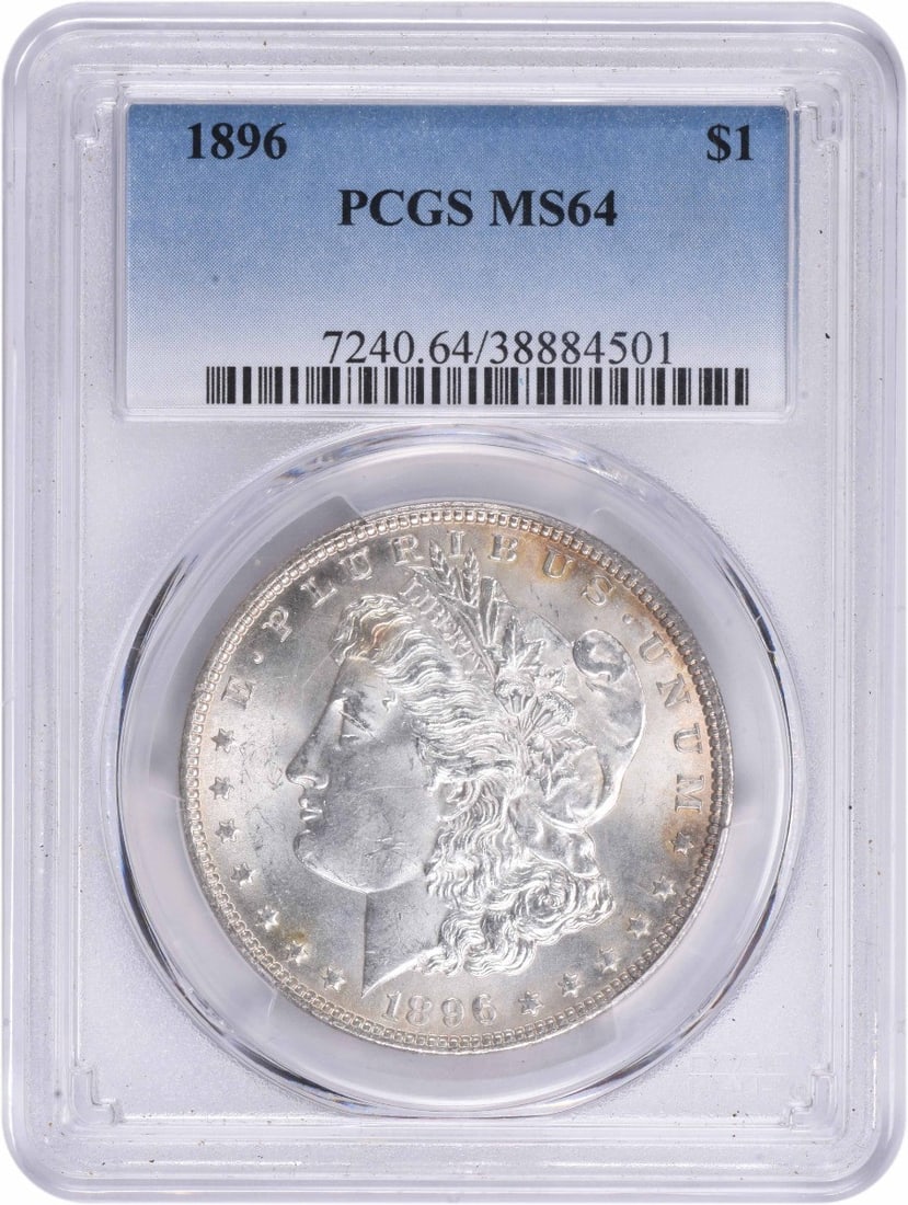 1896 Morgan Silver Dollar MS64 PCGS Uncirculated 90% Silver: 1896 Morgan Silver Dollar MS64 PCGS Uncirculated 90% Silver This 1896 Morgan Silver Dollar is a stunning example of numismatic history, graded MS64 by PCGS, indicating it is in uncirculated condition.
