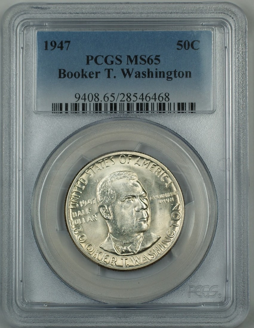 PCGS MS65 1947 Silver Booker T Washington Commemorative Half Dollar Philadelphia: PCGS MS65 1947 Silver Booker T Washington Commemorative Half Dollar Philadelphia This is a 1947 Booker T. Washington commemorative silver half dollar coin graded MS-65 by PCGS. Struck at the Philadelp
