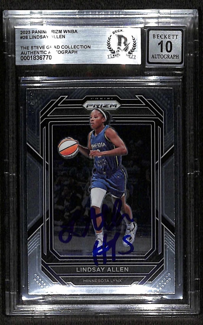 Lindsay Allen 2023 Panini Prizm WNBA #26 Beckett Auto 10: Lindsay Allen 2023 Panini Prizm WNBA #26 Beckett Auto 10 This 2023 Panini Prizm WNBA #26 trading card features the bold autograph of Lindsay Allen, a talented point guard for the Minnesota Lynx. Signe