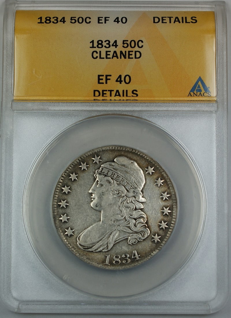 1834 Capped Bust Half Dollar Silver 50C ANACS EF-40 Certified Cleaned: 1834 Capped Bust Half Dollar Silver 50C ANACS EF-40 Certified Cleaned This is an 1834 Capped Bust Silver Half Dollar with a denomination of 50 cents, minted in Philadelphia. The coin has been certifie