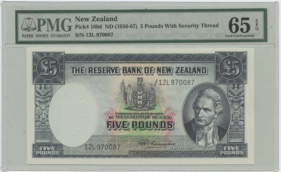 PMG 65 Gem UNC EPQ New Zealand 5 Pound Pick 160d Note: PMG 65 Gem UNC EPQ New Zealand 5 Pound Pick 160d Note New Zealand 5 pound banknote from the 1956-67 series, graded PMG 65 Gem UNC EPQ. It is described as uncirculated with a security thread and is pre