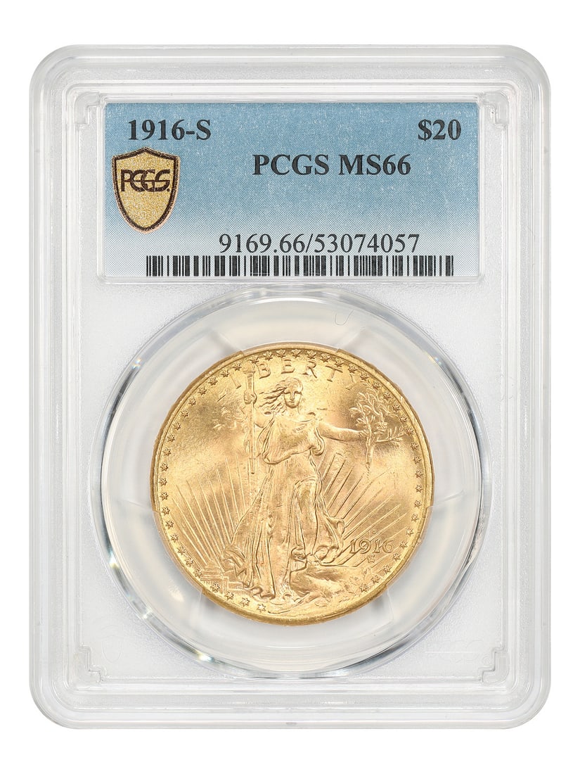 PCGS MS66 1916-S Saint-Gaudens $20 Gold Coin: PCGS MS66 1916-S Saint-Gaudens $20 Gold Coin A 1916-S $20 Saint-Gaudens double eagle certified by PCGS as MS66. This San Francisco Mint issue comes from a mintage of 796,000 pieces and is described as