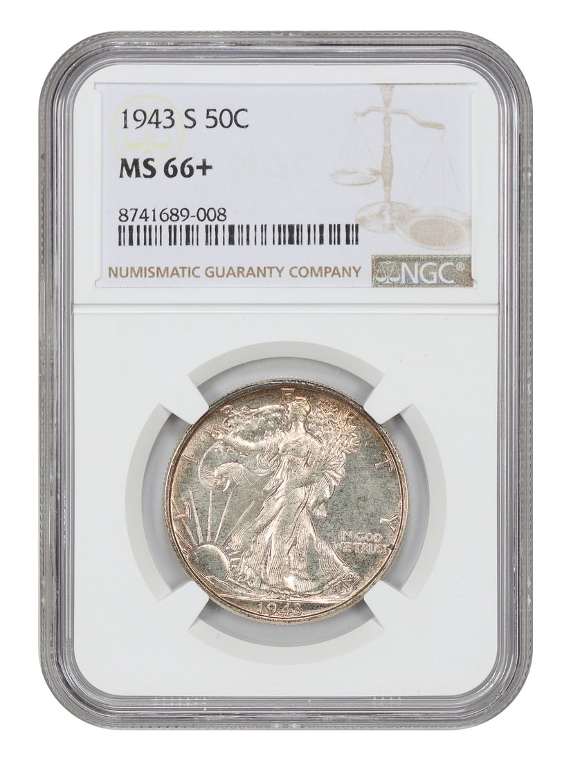 NGC MS66+ 1943-S Walking Liberty 50C Half Dollar: NGC MS66+ 1943-S Walking Liberty 50C Half Dollar 1943-S Walking Liberty Half Dollar, denomination 50C, struck in 1943 at the San Francisco Mint. Certified by NGC and graded MS66+. Pre-owned condition.