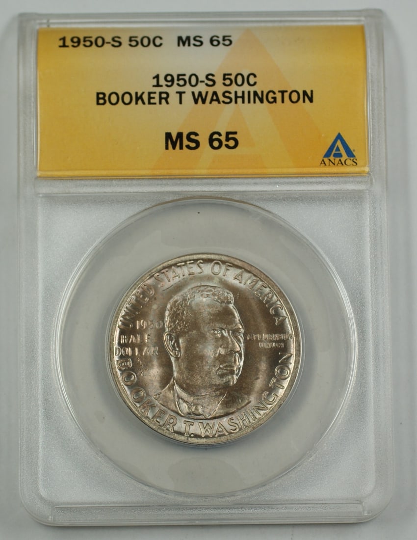 1950-S Booker T Washington Silver Commemorative Half Dollar ANACS MS-65 Light Tone: 1950-S Booker T Washington Silver Commemorative Half Dollar ANACS MS-65 Light Tone This 1950-S Booker T. Washington Birthplace Memorial Silver Half Dollar is a commemorative coin graded MS-65 by ANACS