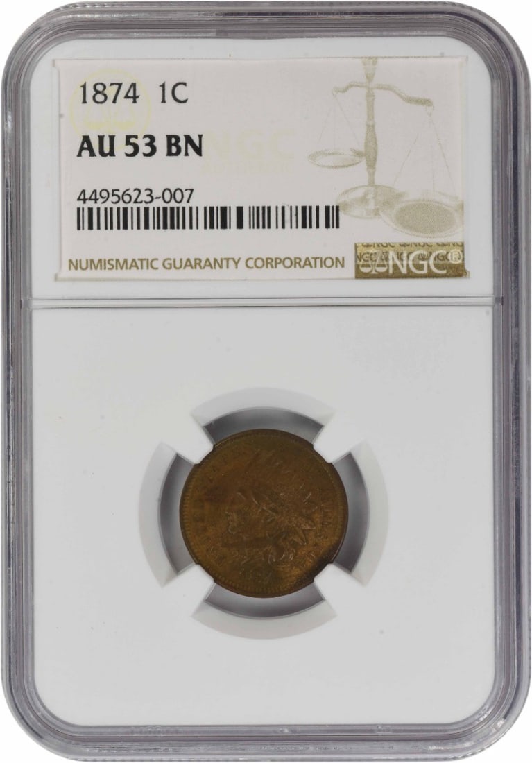 NGC AU53 Brown 1874 Indian Head Copper Small Cent United States: NGC AU53 Brown 1874 Indian Head Copper Small Cent United States This is an 1874 Indian Head Cent graded AU53BN by NGC. The coin is composed of copper and has been circulated. It features the Indian He