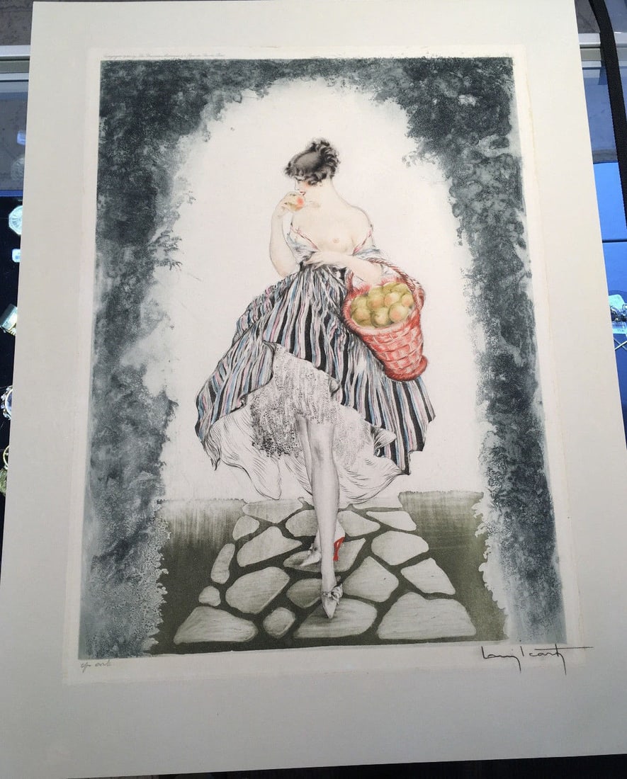 Signed Louis Icart Art Deco paper print Basket of Apples: Signed Louis Icart Art Deco paper print Basket of Apples This is an unframed etching and aquatint print titled "Basket of Apples" by Louis Icart, dating to circa 1924. The artwork is executed on wove 