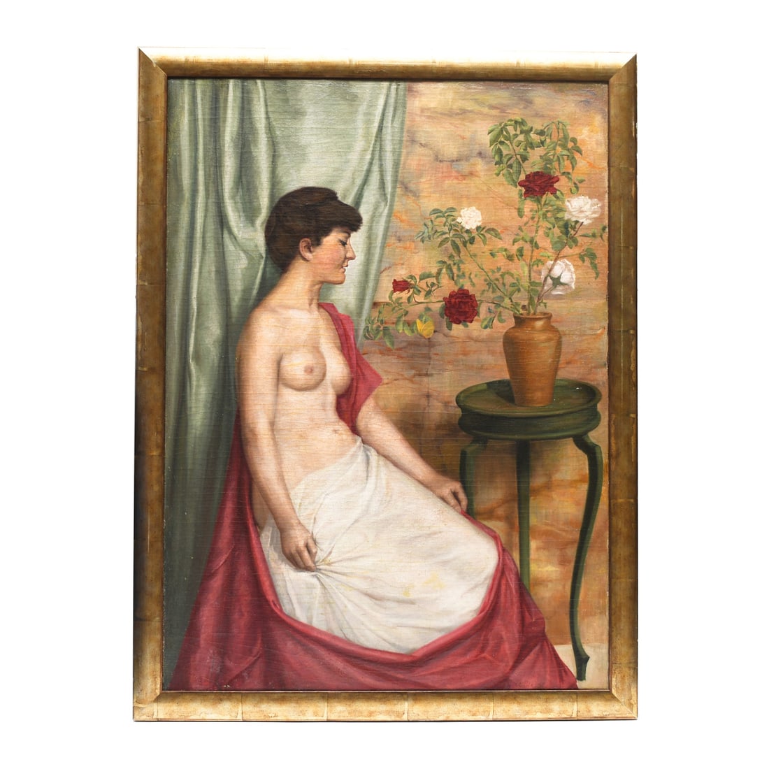 19th Century French School Nude Woman Oil Painting Framed: 19th Century French School Nude Woman Oil Painting Framed This 19th-century oil painting from the French School depicts a nude woman in a realistic style, seated and partially draped with a white clot