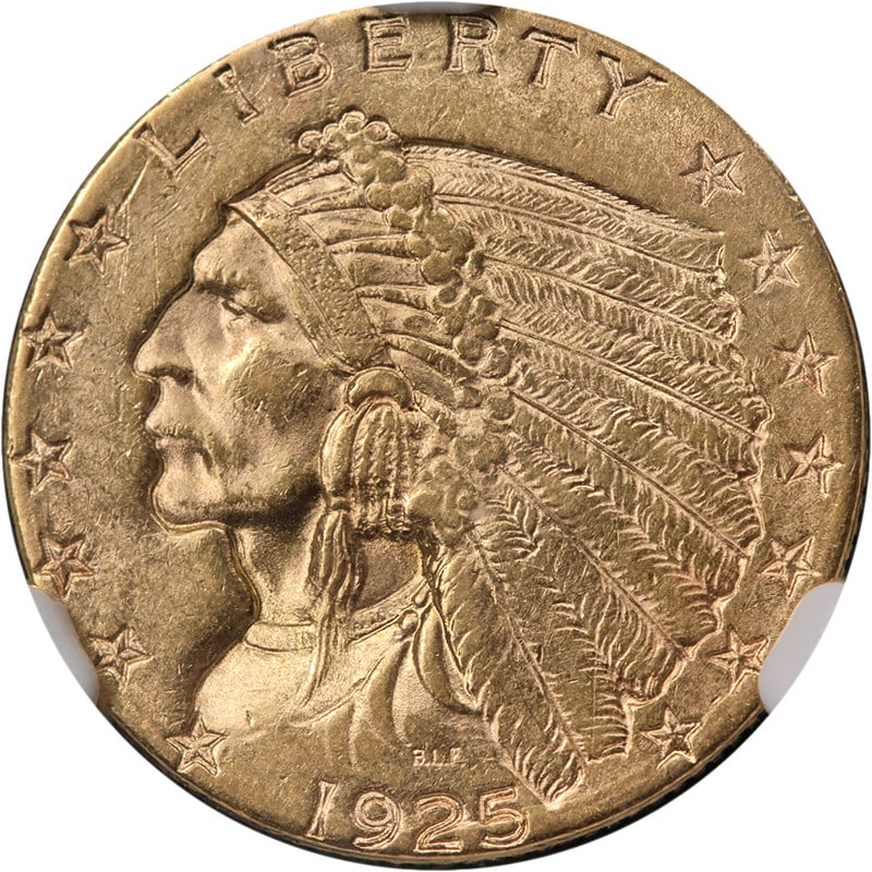 NGC MS62 1925-D $2.50 Indian Head Gold Coin: NGC MS62 1925-D $2.50 Indian Head Gold Coin 1925-D Indian Gold $2.50 coin certified by NGC and graded MS62. It is an uncirculated United States gold coin with 0.9 fineness. The coin is described as ha