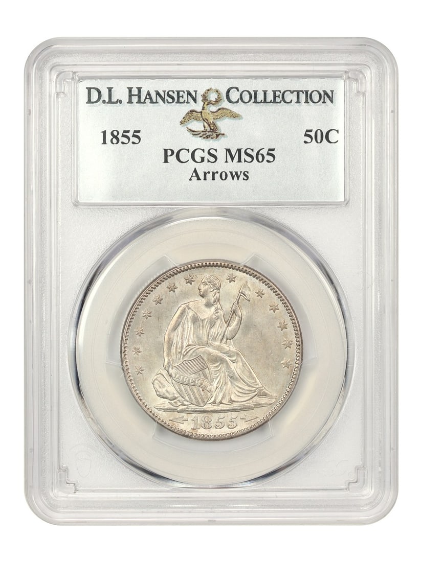 1855 Liberty Seated Half Dollar 50C PCGS MS65 Arrows: 1855 Liberty Seated Half Dollar 50C PCGS MS65 Arrows 1855 Liberty Seated Half Dollar 50C graded PCGS MS65 with arrows and ex: D.L. Hansen pedigree. This uncirculated Philadelphia issue is described as