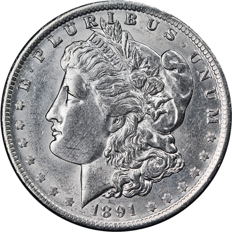 1891 O Morgan Silver Dollar BU+ Blast White: 1891 O Morgan Silver Dollar BU+ Blast White This 1891-O Morgan Silver Dollar is an uncirculated coin featuring a bright, blast white appearance with strong luster and pleasing eye appeal. The coin exh