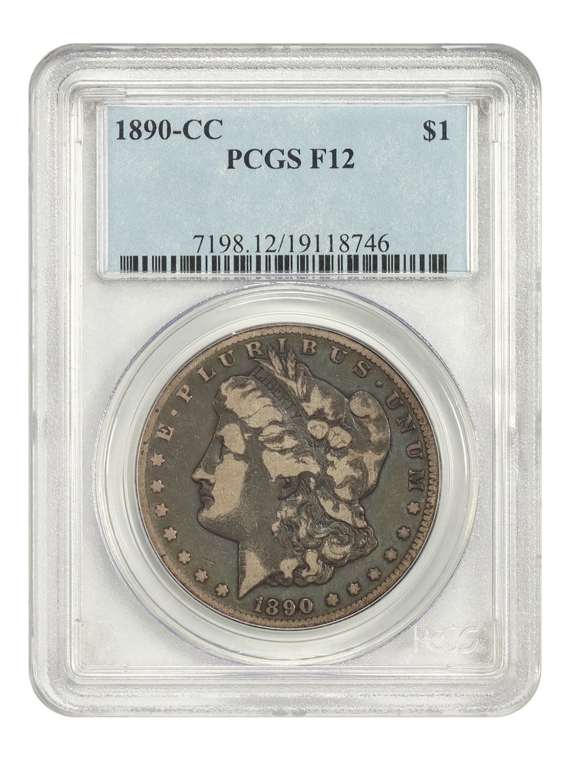 1890 Carson City Morgan Dollar $1 PCGS F12 Certified: 1890 Carson City Morgan Dollar $1 PCGS F12 Certified 1890-CC Morgan Dollar graded Fine 12 by PCGS. This circulated Carson City Mint issue is noted as a better CC-mint date, with the majority of the mi