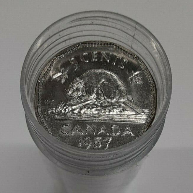 Roll of 40 Uncirculated 1957 Canadian 5 Cent Coins: Roll of 40 Uncirculated 1957 Canadian 5 Cent Coins This is a roll of 40 uncirculated 1957 Canadian 5 cent "Nickels" coins, presented in a tube. The coins are pre-owned and uncertified, with a denomina