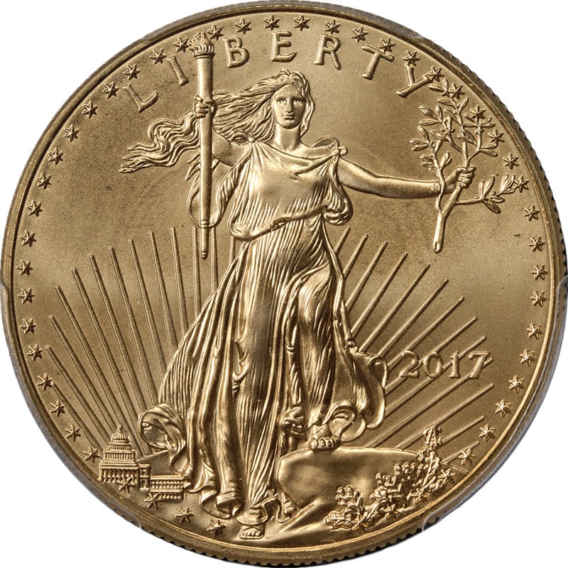 2017 PCGS MS70 First Strike Gold American Eagle $50: 2017 PCGS MS70 First Strike Gold American Eagle $50 This 2017 Gold American Eagle $50 coin is graded MS70 by PCGS and designated as a First Strike. Struck from 0.9167 fine gold, it features exceptiona