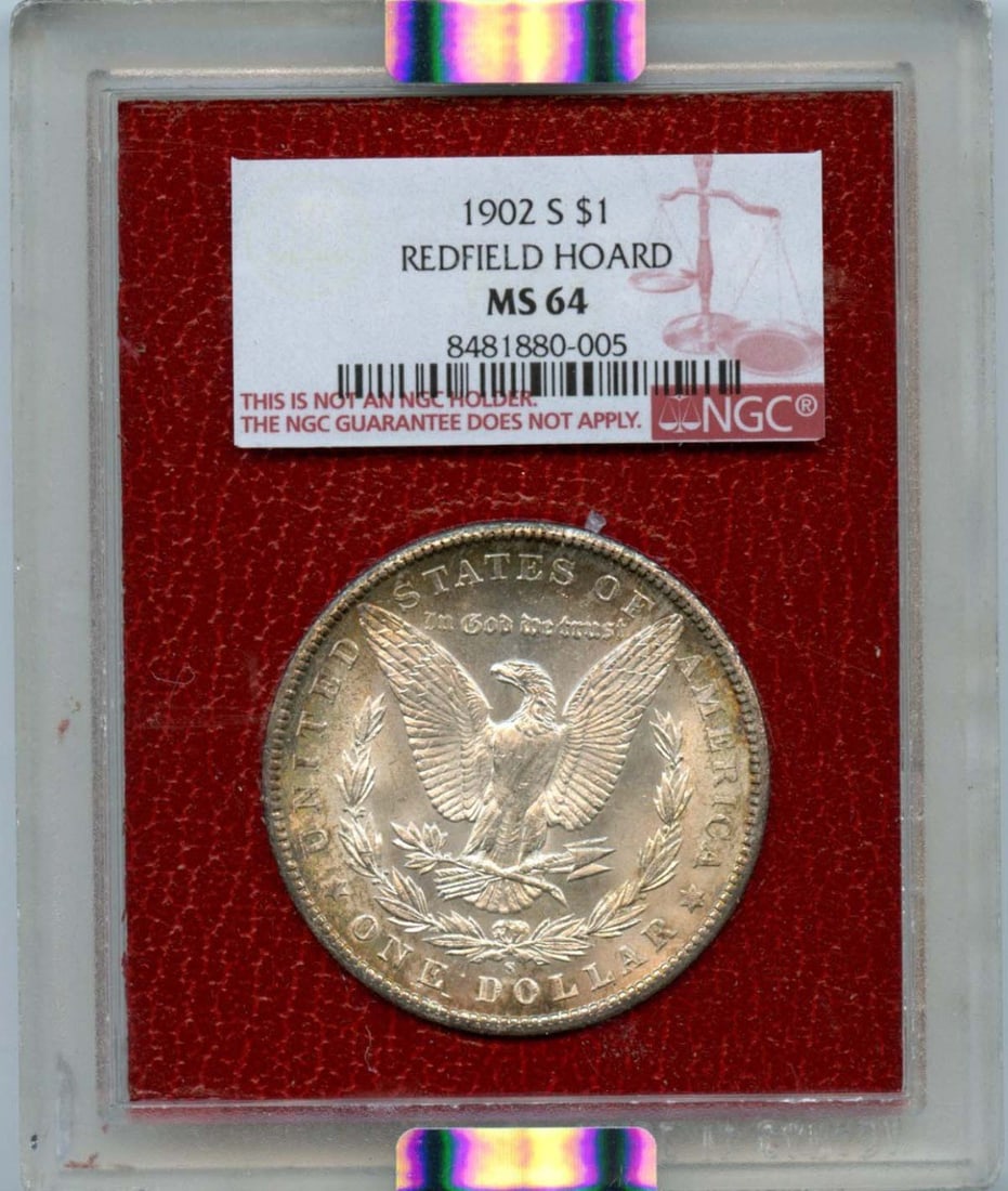 NGC MS64 1902-S Silver Dollar from Redfield Hoard: NGC MS64 1902-S Silver Dollar from Redfield Hoard This is a 1902-S Morgan Dollar from the Redfield Hoard, graded MS64 by NGC. The coin is uncirculated and has been certified for authenticity and quali