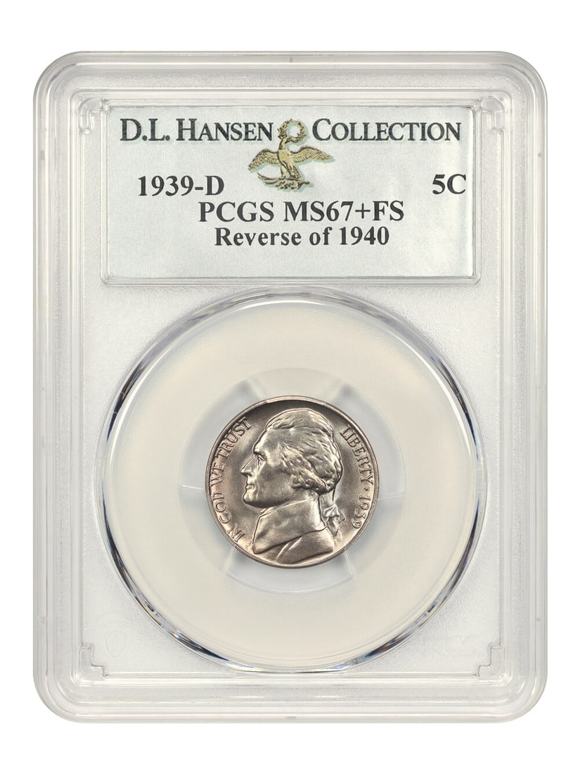 PCGS MS67+ FS 1939-D Jefferson Nickel Reverse of 1940: PCGS MS67+ FS 1939-D Jefferson Nickel Reverse of 1940 A 1939-D Jefferson nickel graded PCGS MS67+ FS, noted as the Reverse of 1940 variety and ex: D.L. Hansen. This uncirculated coin is described as a