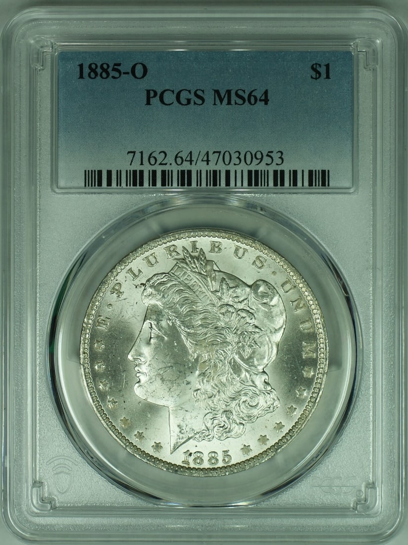PCGS MS-64 1885-O Morgan Dollar Silver Coin from New Orleans Mint: PCGS MS-64 1885-O Morgan Dollar Silver Coin from New Orleans Mint This 1885-O Morgan Silver Dollar is an un-used coin graded MS-64 by PCGS. Minted in New Orleans, it is composed of 90% silver and feat
