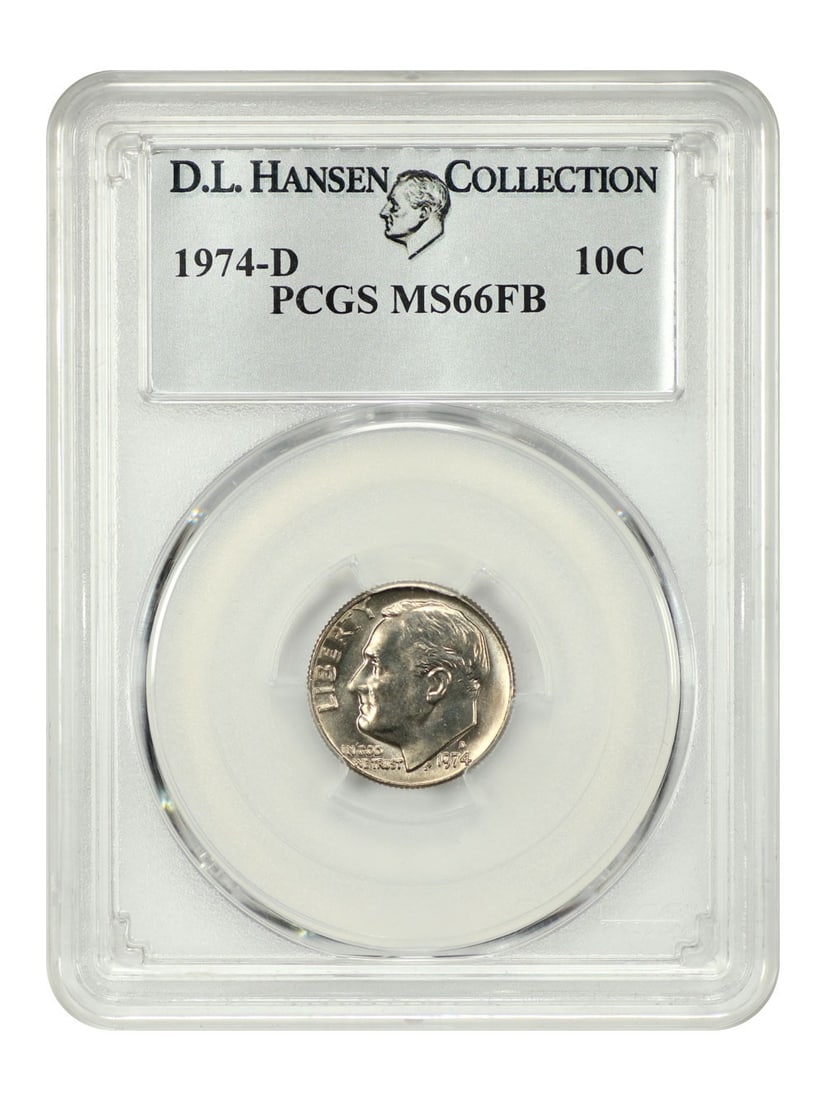 PCGS MS66FB 1974-D Roosevelt Dime ex D.L. Hansen: PCGS MS66FB 1974-D Roosevelt Dime ex D.L. Hansen This 1974-D Roosevelt Dime is certified by PCGS and graded MS66FB. It is a Denver-minted uncirculated coin with a tough Full Bands designation and natu